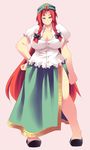  alternate_costume bad_id bad_pixiv_id blue_eyes braid breasts cleavage hat highres hong_meiling large_breasts long_hair pink_background plump red_hair simple_background solo tiny_head touhou twin_braids ushi very_long_hair 