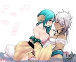  1girl aqua_hair bare_shoulders blush breasts chain cleavage closed_eyes couple dark_skin flower hetero highres large_breasts long_hair magi_the_labyrinth_of_magic mamemix sharrkan shell shell_bikini silver_hair water yamuraiha 