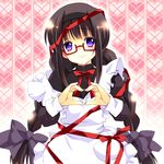  akemi_homura alternate_costume apron black_dress black_hair blush bow braid dress enmaided glasses hair_bow hairband heart heart_hands long_hair long_sleeves looking_at_viewer mahou_shoujo_madoka_magica maid purple_eyes red-framed_eyewear ribbon smile solo tama_two_(fukuya) twin_braids 