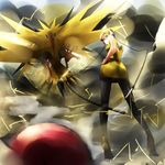  1girl angry blonde_hair electricity hand_on_hip headphones hips kamitsure_(pokemon) looking_at_viewer looking_back pokemon pokemon_(game) wings zapdos 