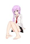  ashuku barefoot dress_shirt feet highres legs long_hair necktie original purple_eyes purple_hair shirt simple_background skirt solo toes 
