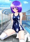  asagi_koko blush cloud covered_navel day fence frown highres kneeling lane_line looking_away one-piece_swimsuit original outdoors pool pool_ladder poolside purple_eyes purple_hair school school_swimsuit shadow shiny shiny_clothes short_hair skindentation solo swimsuit thighhighs vanishing_point wet wet_clothes white_legwear 