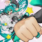  android aqua_eyes aqua_hair bare_shoulders boots clenched_hand detached_sleeves fenrir_(fenlil0316) hatsune_miku highres long_hair nail_polish necktie rocket_punch skirt solo thigh_boots thighhighs twintails very_long_hair vocaloid 