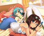  android_(mascot) bed blue_eyes blue_hair breasts brown_hair cleavage curtains frilled_pillow frills goggles goggles_on_head headphones looking_at_viewer lying medium_breasts missnips multiple_girls on_back original pants pillow smile socks sweatpants window yellow_eyes 