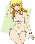  :p bikini blonde_hair blush bracelet breasts cleavage contrapposto green_eyes hips hoshii_miki idolmaster idolmaster_(classic) jewelry long_hair medium_breasts midriff mironomeo navel solo standing swimsuit tongue tongue_out 