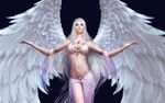  3d angel angel_wings bare_shoulders bikini blonde_hair blue_background breasts cleavage cowboy_shot crop_top dark_background expressionless feathered_wings forsaken_world highres jewelry large_wings long_hair looking_at_viewer looking_up medium_breasts midriff navel necklace outstretched_arms pale_skin parted_lips see-through shiny shiny_skin sillia simple_background solo spread_arms swimsuit underboob very_long_hair white_hair wings znz 
