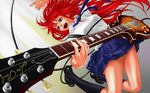  blue_eyes breasts earrings electric_guitar fenrir_(fenlil0316) guitar instrument jewelry jumping left-handed les_paul long_hair medium_breasts music open_mouth original playing_instrument pleated_skirt plectrum red_hair shirt skirt socks solo taut_clothes taut_shirt 