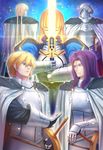  3boys ahoge armor artoria_pendragon_(all) bad_id bad_pixiv_id bedivere berserker_(fate/zero) blonde_hair blue_eyes braid cape dress earrings excalibur fate/apocrypha fate/extra fate/grand_order fate/stay_night fate/zero fate_(series) french_braid gauntlets gawain_(fate/extra) glowing glowing_weapon hair_ribbon helmet jewelry knight lancelot_(fate/zero) long_hair mordred_(fate) mordred_(fate)_(all) multiple_boys multiple_girls puffy_sleeves purple_eyes purple_hair ribbon saber spoilers sword tsukikanade weapon 