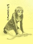  :d asahijima badge bangs breasts button_badge houndstooth jacket kneeling monochrome open_mouth persona persona_4 rope satonaka_chie shoes short_hair skirt small_breasts smile socks solo tears tomboy track_jacket translation_request 