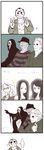  3girls 4boys 4koma a_nightmare_on_elm_street bad_id bad_pixiv_id blush clenched_hands comic double_v empty_eyes freddy_krueger friday_the_13th gaijin_4koma ghostface glasses halloween_(movie) hat highres hockey_mask jason_voorhees laurie_(halloween) long_hair mask michael_myers multiple_boys multiple_girls nancy_(a_nightmare_on_elm_street) parody sasaki_(sid328) scar scream_(movie) silent_comic sparkle spot_color striped sydney_(scream) translated v 