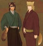  animal_ears barnaby_brooks_jr blonde_hair brown_eyes brown_hair facial_hair fox_ears fox_tail glasses green_eyes japanese_clothes kaburagi_t_kotetsu kemonomimi_mode kimono mask multiple_boys raccoon_ears raccoon_tail stubble tail tiger_&amp;_bunny yasucaflex 