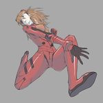  bad_id bad_pixiv_id bangs blue_eyes bodysuit bracer breasts brown_hair clenched_hand evangelion:_3.0_you_can_(not)_redo eyepatch foreshortening from_below full_body gloves grey_background hair_between_eyes hand_up headgear highres kona_(19911212) legs_apart long_hair looking_afar looking_to_the_side medium_breasts neon_genesis_evangelion one_knee outstretched_arm pale_skin parted_lips pilot_suit plugsuit rebuild_of_evangelion red_bodysuit shikinami_asuka_langley shiny shiny_clothes shiny_hair simple_background solo souryuu_asuka_langley tape turtleneck 