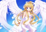  1girl :d air angel_wings arms_behind_back bangs blonde_hair blue_eyes blue_sky cloud collarbone cowboy_shot dress eyebrows_visible_through_hair feathered_wings floating_hair hair_ribbon hat hat_ribbon high_ponytail highres holding holding_hat kamio_misuzu leaning_forward long_hair looking_at_viewer open_mouth red_ribbon ribbon sky sleeveless sleeveless_dress smile solo standing sun_hat very_long_hair white_dress white_hat white_ribbon white_wings wings yumeiro_hanabi 