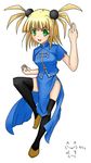 1girl blonde_hair breasts chinese_clothes green_eyes kufei mahou_sensei_negima! open_mouth shoes thighhighs 