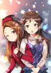  2girls :o blue_shirt blurry blurry_background blush brown_eyes brown_hair coat grey_sweater hat highres idolmaster idolmaster_million_live! kitazawa_shiho locked_arms long_hair long_sleeves minase_iori multiple_girls one_eye_closed red_coat shiny shiny_hair shirt sleeveless sleeveless_shirt so_korokoro sweater upper_body very_long_hair 