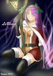  black_gloves blue_eyes blush boots breasts cape christmas cleavage corset elbow_gloves emilia_leblanc gloves hair_ornament highres holly kneeling lamp league_of_legends long_hair magic medium_breasts purple_hair skirt solo staff thigh_boots thighhighs tonnelee 