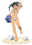  aqua_eyes armpits ball barefoot bikini black_hair choker fang faux_figurine figure_stage flat_chest francesca_lucchini front-tie_top full_body head_tilt komusou_(jinrikisha) legs_up navel open_mouth rock simple_background solo standing standing_on_one_leg strike_witches striped striped_bikini swimsuit twintails world_witches_series 