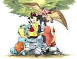  1boy apple bulbasaur caterpie charmander child food fruit laughing pidgeotto pikachu pokemon pokemon_(anime) satoshi_(pokemon) squirtle tree 
