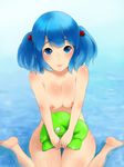  barefoot blue_eyes blue_hair breasts covering covering_crotch hair_bobbles hair_ornament hat hat_removed headwear_removed highres kawashiro_nitori large_breasts lips looking_at_viewer nipples nude sakushin short_hair sitting solo touhou two_side_up v_arms wariza water 