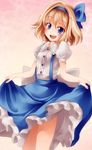  :d alice_margatroid alice_margatroid_(pc-98) bad_id bad_pixiv_id blonde_hair blouse blue_eyes blue_hairband hairband highres looking_at_viewer open_mouth s-syogo shirt short_hair skirt_hold smile solo suspenders touhou touhou_(pc-98) 