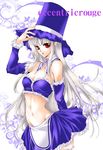  bandeau bare_shoulders breasts capcom_fighting_jam cleavage coco_(eccentricrouge) detached_collar detached_sleeves frills groin hat ingrid long_hair midnight_bliss midriff navel red_eyes small_breasts solo thighhighs top_hat white_hair zettai_ryouiki 