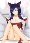  ahri animal_ears bare_legs bare_shoulders blue_hair breasts cleavage collarbone detached_sleeves fox fox_tail heart large_breasts league_of_legends long_hair looking_at_viewer multiple_tails one_eye_closed panties pantyshot pantyshot_(sitting) sitting solo tail tonnelee underwear white_panties yellow_eyes 