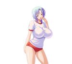  bloomers blue_hair blush breasts buruma finger_to_mouth gym_clothes gym_uniform hair_ornament hairclip huge_breasts kyonyuu_majo mound_of_venus naughty_face no_bra short_hair short_shorts shorts simple_background smile solo tenma_yuria transparent_background underwear waffle 