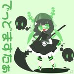  black_hair black_rock_shooter chibi dead_master dress green_background holding holding_scythe horns scythe skull smile solo takanashi_hiyori translated 