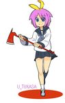  axe blue_eyes fgz hair_ribbon hiiragi_tsukasa lucky_star miniskirt purple_hair ribbon school_uniform serafuku short_skirt skirt weapon yandere 