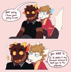  2017 anthro blue_eyes brown_fur clothing dialogue duo embarrassed english_text fangs fish fur hair horn jeanx khan_(jeanx) kobold lucky_(jeanx) male marine naughty_face orange_eyes shark sitting smile speech_bubble text white_fur 