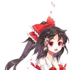  :d bad_id bad_pixiv_id black_hair bow flower frills hair_bow hair_flower hair_ornament hakurei_reimu hand_on_own_chest long_hair open_mouth petals ponytail red_eyes seal_(pukozin) smile solo touhou upper_body white_background 