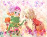  1girl aojizo aquarion_(series) aquarion_evol blonde_hair blush doll flower gradient_hair hair_flower hair_ornament hand_kiss jin_musou kiss multicolored_hair object_kiss orange_hair purple_hair short_hair stuffed_animal stuffed_frog stuffed_toy tama_(aquarion) yunoha_thrul 