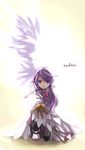  aisha_(elsword) artist_name bad_id bad_pixiv_id bow coat elemental_master_(elsword) elsword hair_over_shoulder highres long_hair one_knee outstretched_hand pink_bow purple_eyes purple_hair single_wing smile solo swd3e2 twintails white_background wings 
