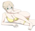  arm_support bad_feet barefoot bikini blonde_hair breasts cleavage glasses green_eyes hair_up hand_on_own_cheek inu_x_boku_ss knee_to_chest large_breasts lying navel on_side ribonzu shadow solo swimsuit thigh_gap yukinokouji_nobara 