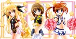  belt blackjunk blonde_hair blue_eyes bodysuit bow brown_hair buckle cheerleader fate_testarossa hair_bow hair_ornament lyrical_nanoha mahou_shoujo_lyrical_nanoha mahou_shoujo_lyrical_nanoha_a&#039;s mahou_shoujo_lyrical_nanoha_a's mahou_shoujo_lyrical_nanoha_the_movie_2nd_a&#039;s mahou_shoujo_lyrical_nanoha_the_movie_2nd_a's navel open_mouth pom_poms red_eyes short_twintails skirt smile star takamachi_nanoha twintails yagami_hayate 