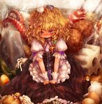  black_dress blonde_hair blush braid chikuwabu_(food) curiosities_of_lotus_asia dress egg embarrassed food hair_ribbon in_food kinchaku_(food) kirisame_marisa konnyaku_(food) long_hair meatball messy_hair minigirl no_hat no_headwear nose_blush octopus oden purple_eyes ribbon setsugeka_tumugi sitting solo squid takoyaki tears touhou v_arms wrist_cuffs 