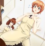  apron blush brown_hair hair_ornament hairpin inami_mahiru multiple_girls orange_eyes orange_hair ponytail short_hair taneshima_popura uetsuki_hiro waitress working!! 