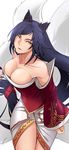  ahri animal_ears bad_id bad_pixiv_id bare_shoulders bell black_hair breasts cleavage detached_sleeves downblouse facial_mark fox_ears fox_tail fullluv korean_clothes large_breasts league_of_legends legs long_hair multiple_tails solo tail thighs very_long_hair whisker_markings yellow_eyes 