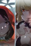  artist_request blonde_hair breasts brown_eyes brown_hair cat_tail collarbone detached_collar frown hood large_breasts linia_pacifica long_hair lowres lunia_scentriver multiple_girls nail_polish red_eyes ribbon smile sword_girls tail 