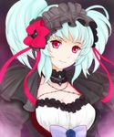  aqua_hair bad_id bad_pixiv_id breasts choker flower frills hair_flower hair_ornament headdress langod long_hair marilyn_catto medium_breasts puffy_sleeves red_eyes simple_background smile solo super_robot_wars super_robot_wars_z2 upper_body 