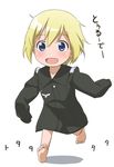  :d age_regression barefoot blonde_hair blue_eyes blush child erica_hartmann open_mouth oversized_clothes running sleeves_past_fingers sleeves_past_wrists smile solo strike_witches uniform world_witches_series youkan younger 