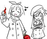  2girls bad_id blush casual coat eyes_closed fire gasoline hairband hat heart hiiragi_tsukasa izumi_konata lighter long_hair lucky_star monochrome multiple_girls music_note musical_note scarf short_hair sne wet wet_clothes yandere 