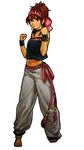  anklet baggy_pants bandeau bangle bare_shoulders barefoot belt bracelet brown_eyes brown_hair choker clenched_hands earrings hair_ribbon hair_up headband highres hiroaki_(kof) jewelry midriff momoko_(king_of_fighters) navel official_art pants ribbon solo the_king_of_fighters the_king_of_fighters_xi wristband 