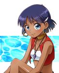  asahi_haru blue_eyes bob_cut dark_skin earrings fushigi_no_umi_no_nadia hair_ornament hairclip jewelry leg_hug light_smile midriff nadia neck_ring necklace short_hair sitting solo strapless tubetop vest water 