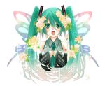  bad_id bad_pixiv_id bare_shoulders butterfly_wings detached_sleeves flower green_eyes green_hair hair_flower hair_ornament hands_on_own_chest hatsune_miku long_hair musical_note necktie open_mouth solo twintails vocaloid wings yzkring 