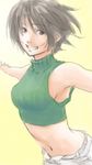  armpits bare_shoulders black_hair brown_eyes final_fantasy final_fantasy_vii grin kuzumin midriff open_fly outstretched_arms short_hair shorts sketch sleeveless sleeveless_turtleneck smile solo spread_arms turtleneck unzipped wind yuffie_kisaragi 