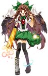 :d arm_cannon bad_id bad_pixiv_id black_legwear bow bracelet brown_hair cape dress_shirt feathered_wings frilled_skirt frills hair_bow jewelry long_hair mismatched_footwear open_mouth red_eyes reiuji_utsuho seal_(pukozin) shirt short_sleeves skirt smile solo standing thighhighs touhou weapon wings zettai_ryouiki 