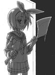  axe crazy_eyes hair_ribbon highres hiiragi_tsukasa lucky_star monochrome ribbon school_uniform serafuku solo sugimoto weapon yandere 