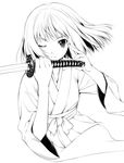  greyscale japanese_clothes keg looking_at_viewer monochrome one_eye_closed original short_hair simple_background solo sword weapon white_background 