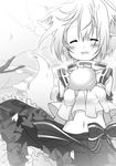  =_= blush closed_eyes greyscale hikanyan inubashiri_momiji midriff monochrome navel no_hat no_headwear smile solo touhou 